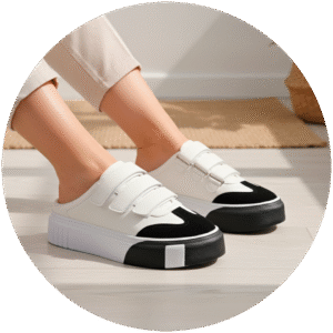 Tênis brancos com detalhes pretos.