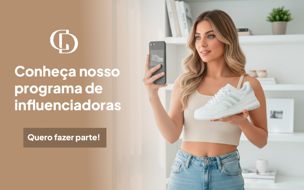 Mulher segurando tênis e celular.